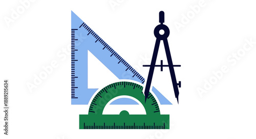 Geometric shapes and drafting tools arranged on a flat surface, including a compass, protractor, and ruler.