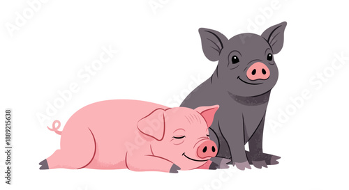 Two cartoon pigs resting together in a serene environment from a frontal viewpoint