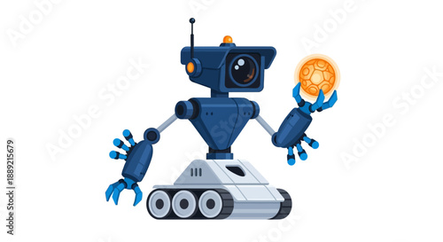Robot holding a coin, standing on a robotic base with mechanical hands, depicted in a 2D illustration style