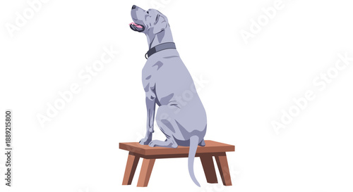 Dog sitting on wooden stool, viewed from the side, illustration style