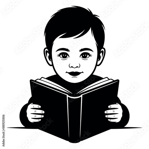 Little boy reading book illustration in black and white vector style showing a young student studying and learning for education literacy and childhood development storytelling art