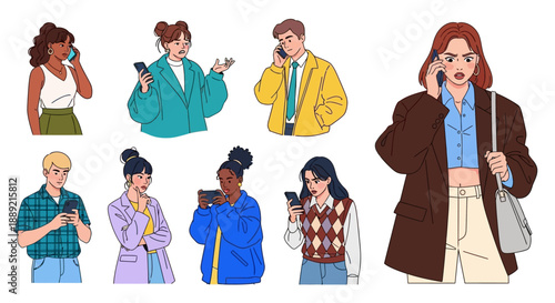 Diverse group of young adults using mobile phones in various outfits and poses