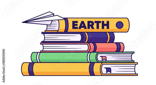 Stack of colorful books with a paper airplane flying out, symbolizing knowledge and learning