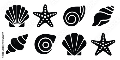 Black Solid Sea Shell and Starfish Icon Set, collection of black and white vector icons various seashells and starfish silhouettes, Scallop shells and spiral conch shells