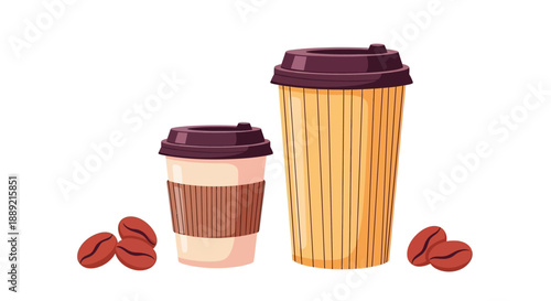Two coffee cups with brown lids and beans on a plain background from a straightforward viewpoint
