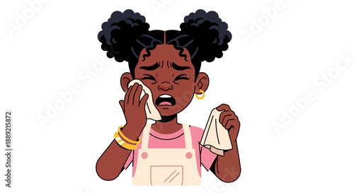 Young girl wiping away tears with a tissue, expressing sadness and emotional distress in a simple illustration