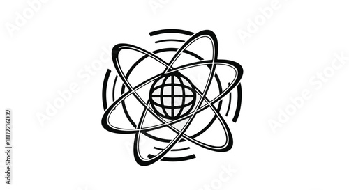 Stylized atom symbol with globe at its center