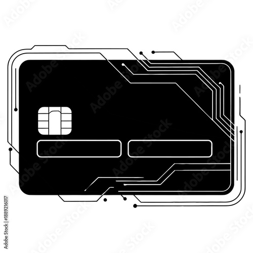 Minimalist black and white illustration of credit card with electronic circuit board lines representing secure digital financial transaction technology