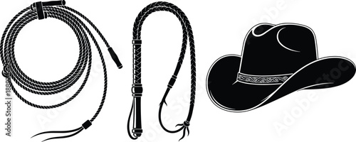 Black and white cowboy gear icon set — includes lasso, bullwhip, and hat — perfect for Western culture, ranching themes, and rodeo illustrations