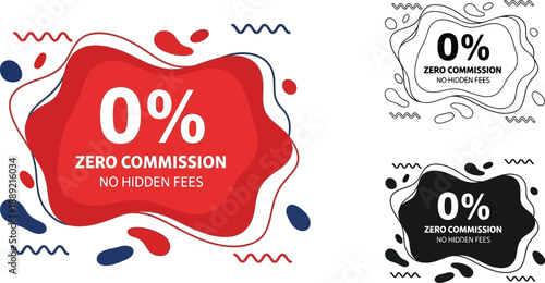 A graphic design of zero commission and no hidden fees labels