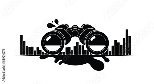 Binoculars overlooking city skyline with abstract background