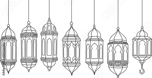 Black and white hanging lantern icon set — perfect for Ramadan decor, Islamic celebration, greeting cards, and minimalist festive illustrations