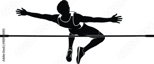 Black and white high jumper silhouette in mid-air — perfect for sports branding, athletic motion design, and track and field illustrations