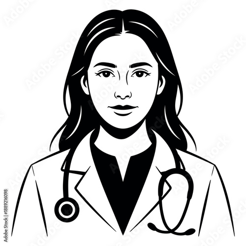 Professional female doctor portrait illustration in black and white minimalist line art style showing stethoscope and medical coat against clean background for healthcare concepts