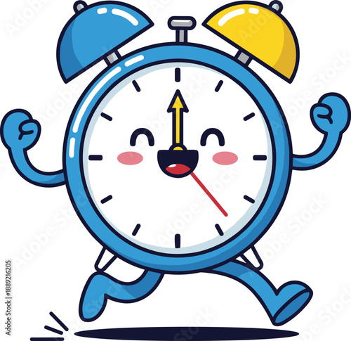 Cartoon alarm clock running with cheerful face — perfect for time concept, urgency design, kids content, education, and playful illustration themes
