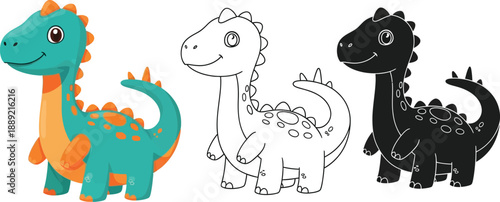 A colorful illustration of three dinosaurs in different stages of coloring