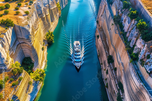 A luxury superyacht sails through the narrow Corinth Canal in Greece. Aerial top-down view with turquoise water, steep rocky walls, and precise cinematic symmetry.