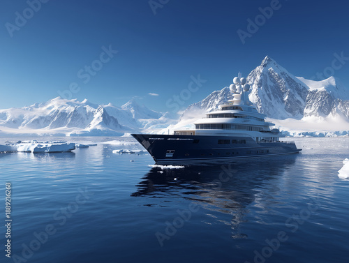 Luxury yacht sailing in Antarctic waters, side view from sea level. Icebergs and snow-covered mountains in the background on a bright sunny day. Concept of expedition yachting, polar travel 