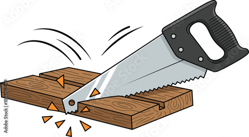 Cartoon hand saw cutting wood with flying chips — perfect for carpentry, DIY tools, construction design, woodworking action, and manual labor illustrations