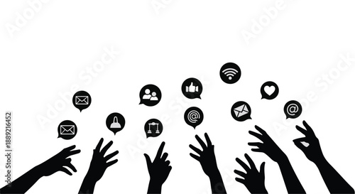 Diverse hands reaching for social media icons in black silhouette