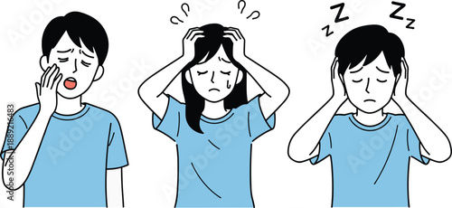 Cartoon illustration of emotional discomfort expressions — headache, fatigue, noise stress — perfect for health, mental wellness, education, and awareness design concepts