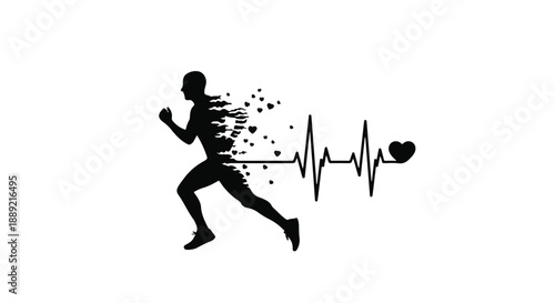 Silhouette of runner disintegrating into particles with heartbeat line