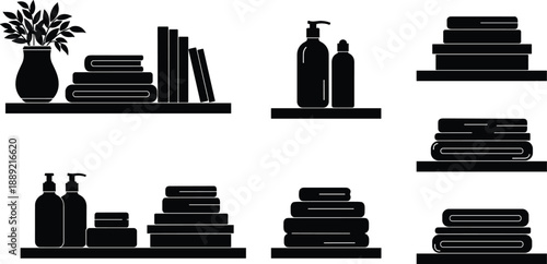 Cartoon shelf arrangement icon set with towels, bottles, books, and decor — perfect for home organization, interior design, and minimalist illustration themes