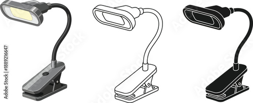 Three different clip-on lamps for reading and working on a desk