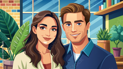 Very beautiful  CLOSE UP  lifestyle portrait of a young couple in their late twenties standing together at home, sharing relaxed smiles and natural chemistry, expressing modern love, freshness, and th