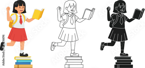 Three cartoon girls in school uniforms jumping on stacks of books