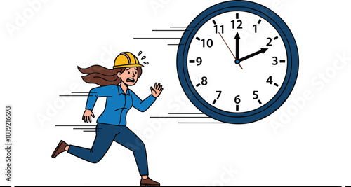 Cartoon worker running toward clock with urgency — perfect for deadline stress, time management, productivity design, and workplace pressure illustrations