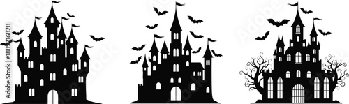 Haunted castle silhouette with flying bats — perfect for Halloween design, spooky decorations, gothic fantasy themes, and horror illustration projects