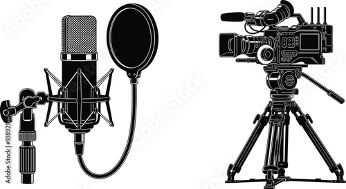 Line art of studio microphone and video camera setup — perfect for podcast, media production, broadcasting, film gear, audio recording, and professional content design