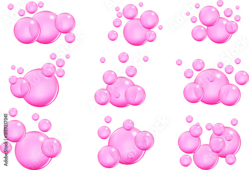 Set of fizzing air and water pink bubbles on white background with fizzy sparkles.