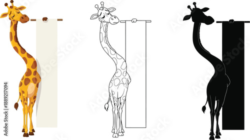 A giraffe standing next to a height measurement chart in three different styles