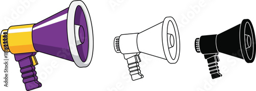 Three megaphones in different colors and styles on a white background