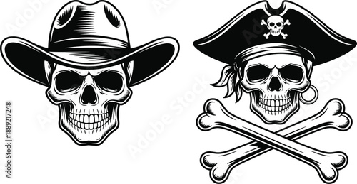 Pirate skull and cowboy skull illustration set, vintage monochrome tattoo style vector design for t shirt, logo, poster, branding use