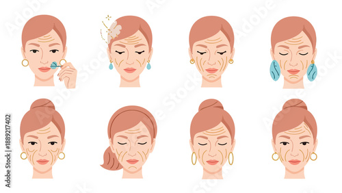 Mature Woman's Face Wrinkle Progression and Skincare Vector Illustration