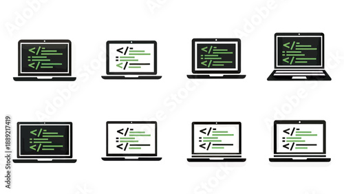 Set of Laptop Icons with Code Snippets