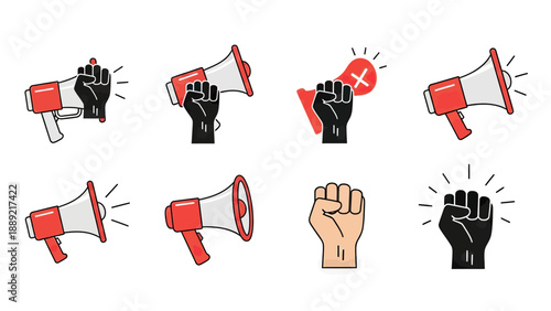 Protest and Activism Icons: Megaphones and Raised Fists