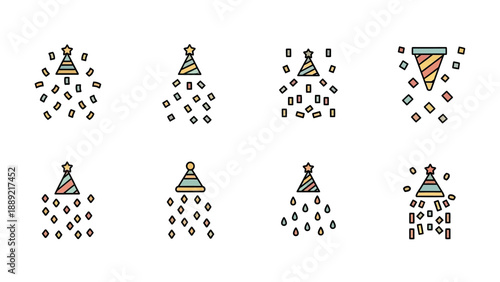 Celebration Confetti and Party Hats Icons Set