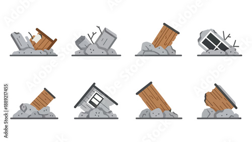 Damaged Buildings and Debris in Cartoon Style