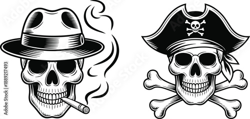 Smoking skull in fedora and pirate skull with crossbones vector illustration, vintage gothic tattoo style design, black and white artwork, isolated on white