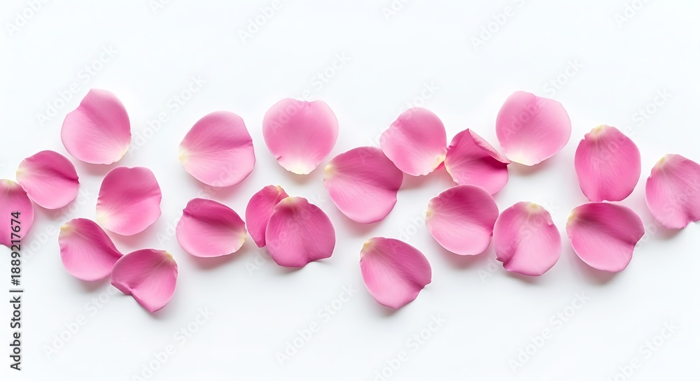 Fototapeta premium Pink rose petals scattered across a white surface. Overhead shot, showcasing delicacy