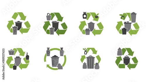 Recycling Bins and Waste Icons within Green Arrows Symbol