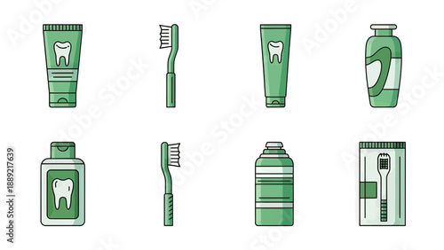 Dental Hygiene Products Set: Toothpaste, Toothbrushes and Mouthwash Icons
