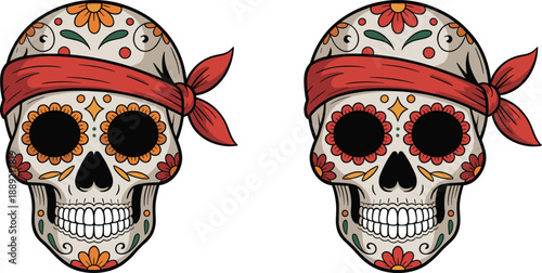 Sugar skull illustration set with red bandana and floral details, colorful Mexican folk art vector design for tattoos posters decorations