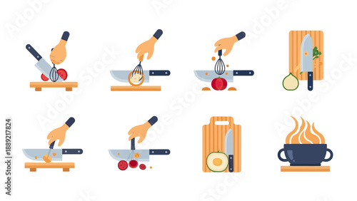Culinary Steps: Chopping and Cooking Food Icons