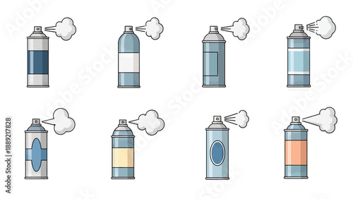 Set of Spray Cans with Mist, Flat Design Style