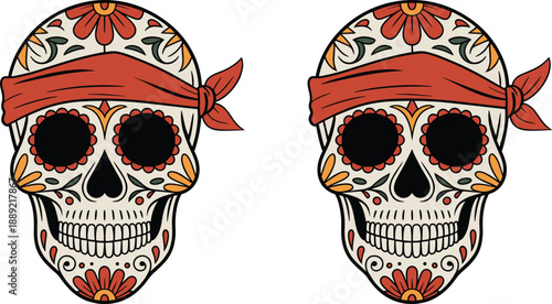Sugar skull illustration set with red bandana and floral patterns, colorful Mexican folk art vector design for tattoos, posters, decorations
